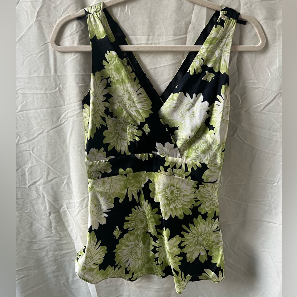 90s y2k vintage INC silk soft lime green and black floral V-neckline blouse